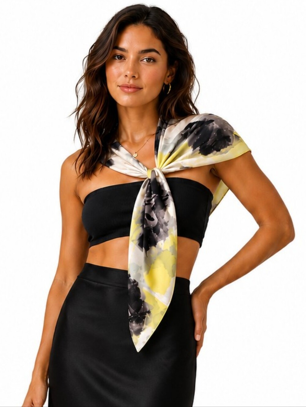 Abstract Print Satin-Feel Rectangular Fashion Scarf Yellow Gray Black OS